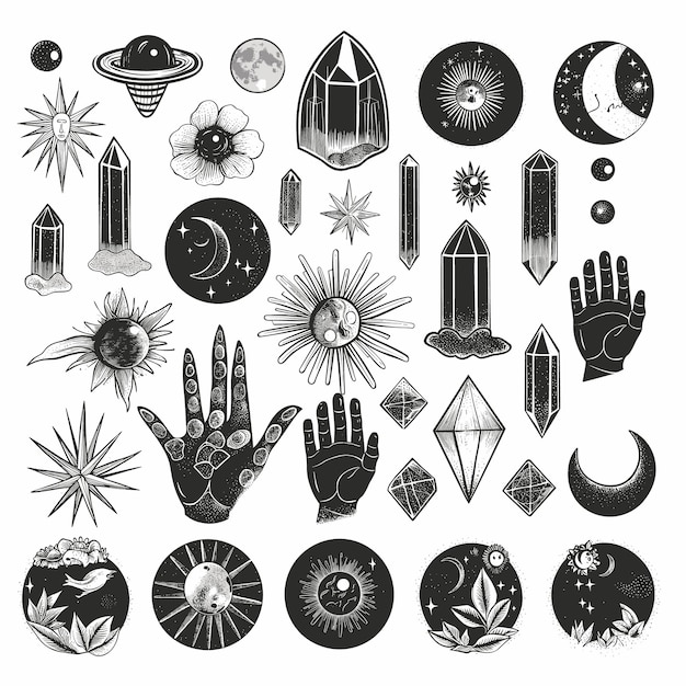 Vettore simboli mistici con fasi lunari e cristalli
