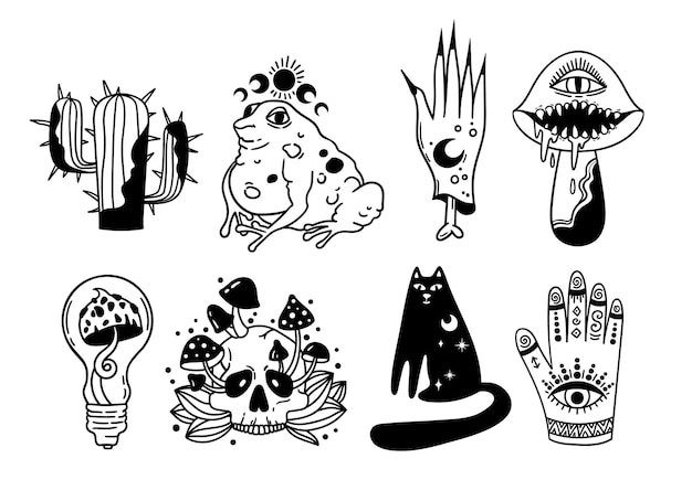 Vector mystical trippy clip arts bundle goblincore esthetics mystical toad black cat creepy mushroom