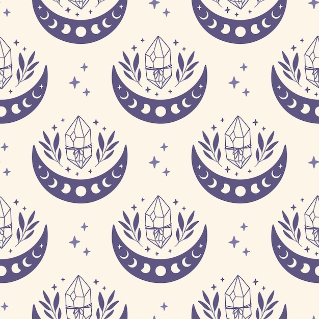 Mystical vector seamless pattern with celestial crystal