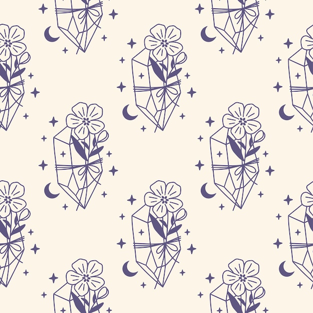 Mystical vector seamless pattern with crystal boho celestial digital paper