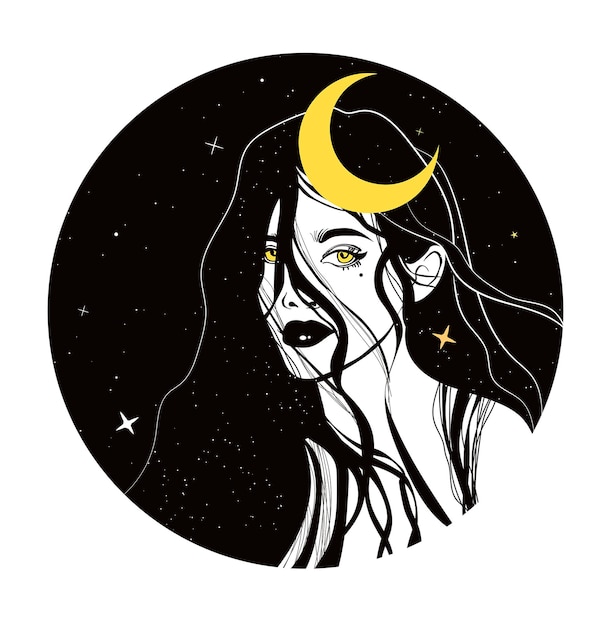 Vector mystical woman celestial moon and stars witch