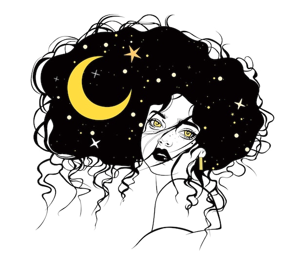 Vector mystical woman celestial moon and stars witch