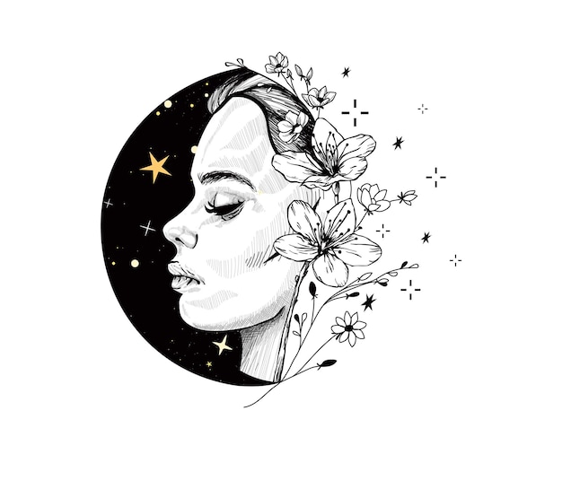 Vector mystical woman with flowers and stars celestial witch