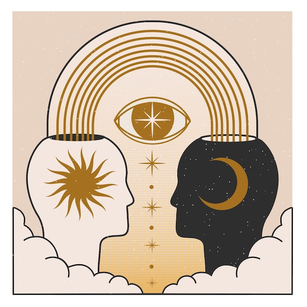Mystiek concept met hemelse menselijke Abstracte spirituele magische silhouet met maan zon en geest