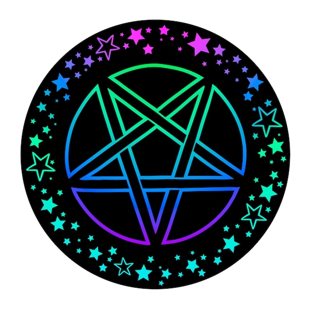 Mystiek helder pentagram met een ornament van verspreide glanzende neonsterren