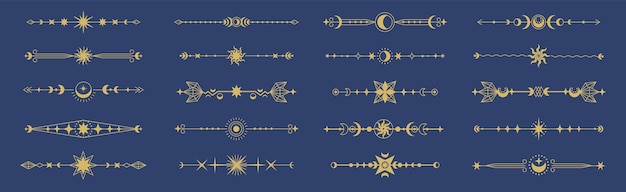 Mystieke decoratie lijnen Ornamentele frame divider minimalistische elegante tekst rand met bloemen accenten astrologische kalligrafische dividers versierde boho elementen Vector set