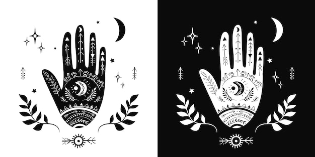 Mystieke hand met esoterische elementen boho symbolen modern design