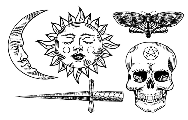 Mystieke magische boho elementen Hekserij astrologische set Esoterische alchemie religie occulte schets voor tatoeage of Tshirt Zon Maan Sphingidae vlinder Dagger Skull Getrokken Gegraveerde vectorillustratie