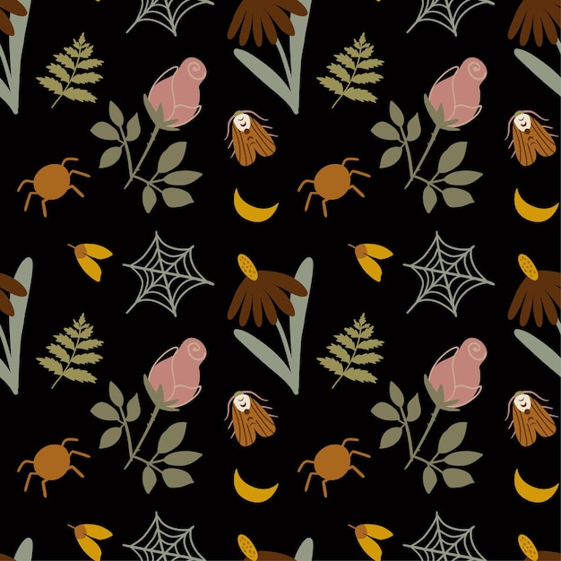Mystieke tuinpatroon Donkere nacht tuin bloemmotief Halloween poster met mystieke element nachtvlinder spin rozen spinnen net Hekserij achtergrond Floral spirituele behang vectorillustratie