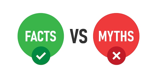 Mythen vs feiten pictogram in vlakke stijl Waar of onwaar vectorillustratie op witte geïsoleerde achtergrond Vergelijking teken bedrijfsconcept