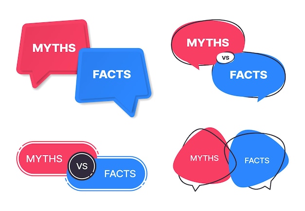Mythen vs feiten vector iconen Waarheid en valse badges van geïsoleerde blauwe en rode tekstballonnen of woord ballonnen met versus symbolen nep en ware realiteit en fictie mythe en feit