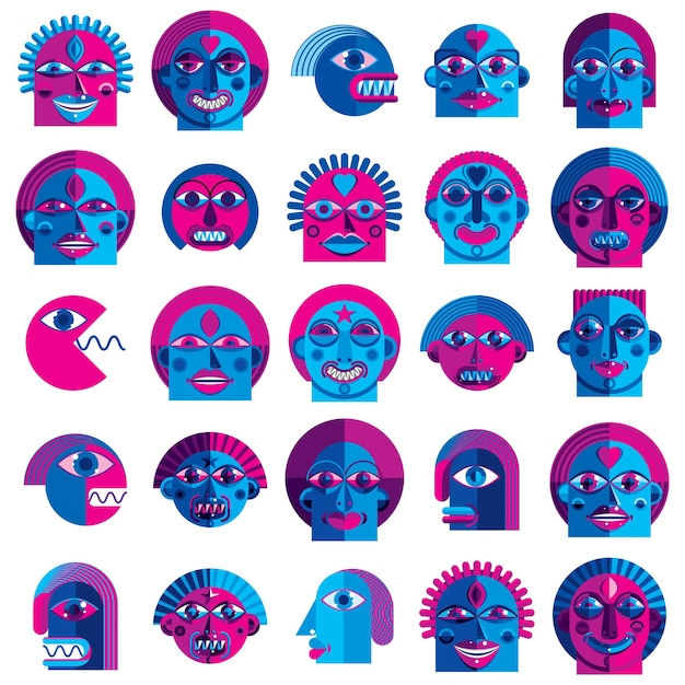 Vector mythic creatures collection, vector modern art. set of fantastic odd characters expressing different emotions.