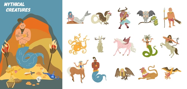 Vector mythical creatures flat composition with doodle jinn character and set of isolated icons on blank background vector illustration