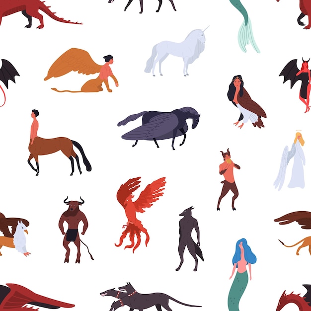 Mythical creatures seamless pattern isolated on white background. colorful cartoon characters of ancient mythology vector flat illustration. different heroes of faity tales and legends.