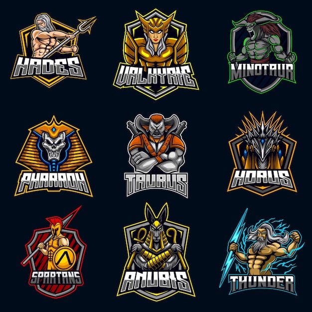 Mythische God Karakter Esport Logo Ontwerp Bundel Set Hades Valkyrie Minotaurus Farao Stier Horus Spartaans Anubis Zeus Symbool Vector Gaming Team