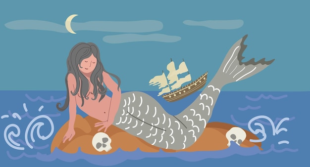 Mythische wezens platte samenstelling met open zee landschap en liggende zeemeermin met zinkend schip en schedels vectorillustratie