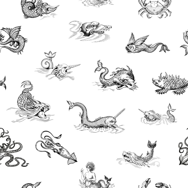 Mythological vintage sea monster hand drawn vector sketch vector seamless pattern