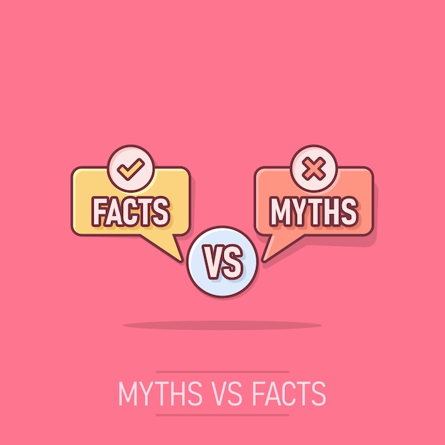 Myths vs facts icon in comic style True or false cartoon vector illustration on isolated background Comparison sign business concept splash effect