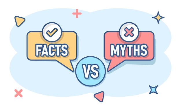 Vector myths vs facts icon in comic style true or false cartoon vector illustration on white isolated background comparison sign business concept splash effect