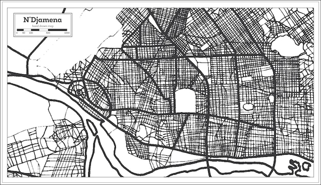 ンジャメナチャドの都市地図は黒と白の色です。白地図。ベクトルイラスト。