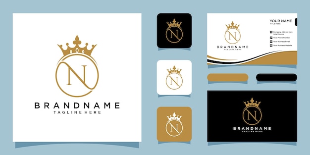 N initial logo with luxury ornament crown logo with business card design premium vector