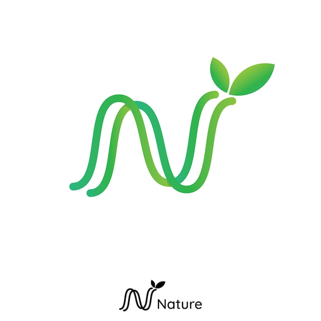 N 문자 로고. 초기 라인 자연 잎 로고. 녹색 제품 아이콘 로고 개념