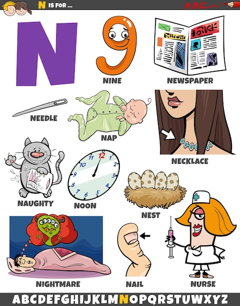 N letter set met cartoon objecten en personages