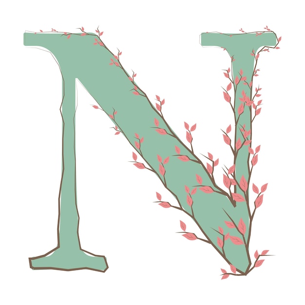 Буква N в верхнем регистре из мягких листьев, нарисованных вручную