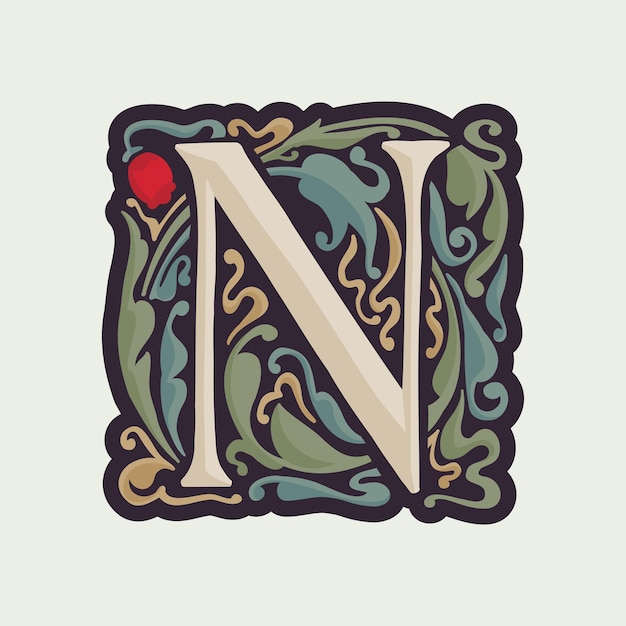 Vector n-letter verlichte initiaal met gebogen bladornament en tulpen middeleeuwse schemerige fancy drop-cap
