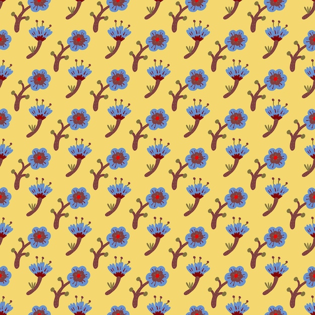 Naadloos bloemen geel patroon. Blauwe kleine kamille bloemen. Botanisch ontwerp voor behang