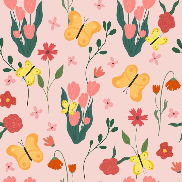 Naadloos bloemenpatroon heldere bloemenachtergrond met bloesems en bloemendruk gekleurde vlakke vectorillustratie voor textiel herhalend textuurontwerp
