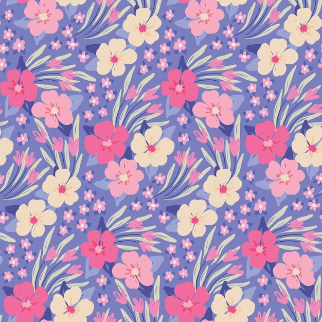 Naadloos bloemenpatroon in zachte pastelkleuren Romantische ditsy-print schattige botanische achtergrond met met de hand getekende bloeiende weide kleine roze bloemen bladeren gras op een blauw veld Vector