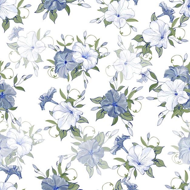 Naadloos bloemenpatroon met bloemen witte en blauwe petunia