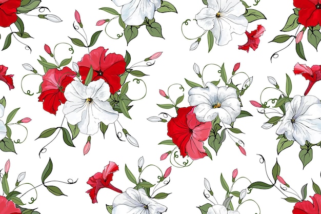 Naadloos bloemenpatroon met bloemen witte rode petunia en groene bladeren op witte background