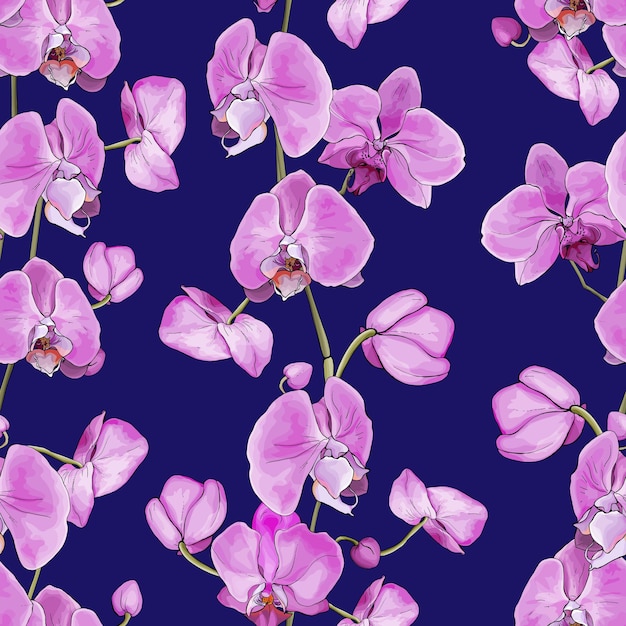 Naadloos bloemenpatroon met roze bloemenorchideeën op blauwe achtergrond