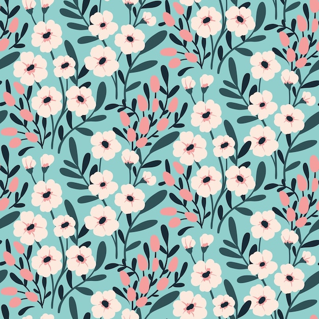 Vector naadloos bloemenpatroon schattig meisjesachtig ditsy print met kleine delicate planten mooi bloemenontwerp met met de hand getekende wilde planten kleine bloemen bladeren takjes op een blauwe achtergrond vector illustratie