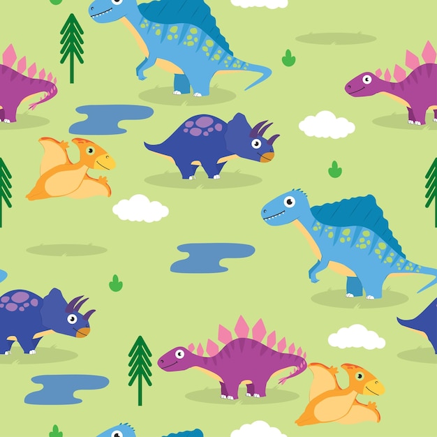 naadloos dinosauruspatroon met boom, wolken, en waterornament vectorillustraties EPS10