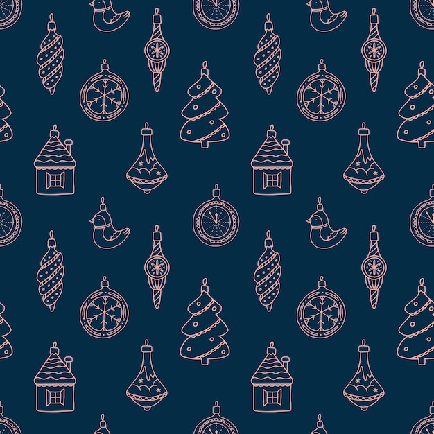 Naadloos doodlepatroon met wit kerstspeelgoed, decoraties op een donkerblauwe achtergrond.