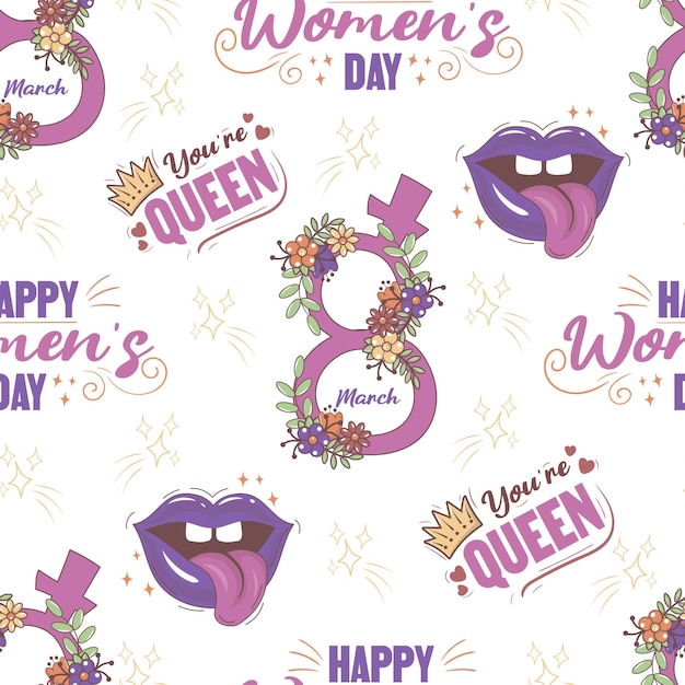 Vector naadloos feministisch patroon voor 8 maart met belettering jij bent de koningin en gelukkige vrouwendaglippen in doodle-stijl