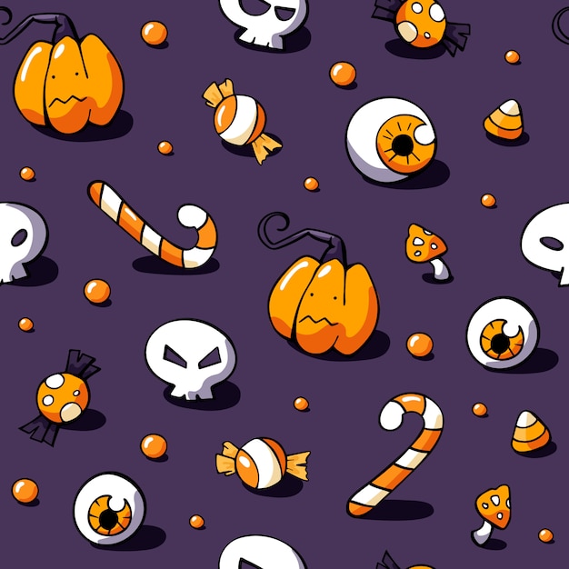 Vector naadloos halloween-hand getrokken patroon met snoepjes en schedels