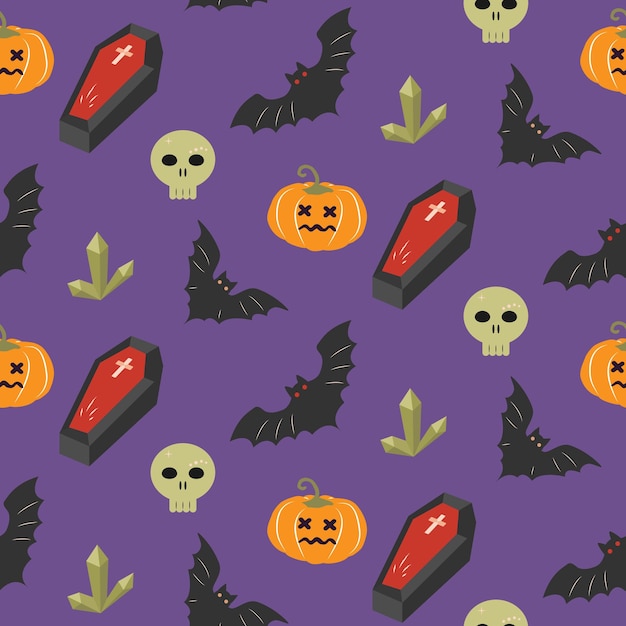 Naadloos Halloween-patroon met pompoenen, vleermuizen en doodskisten