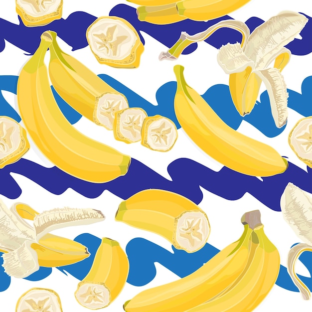 Naadloos hand getekend tropisch patroon met bananenfruit op witte en blauwe achtergrond