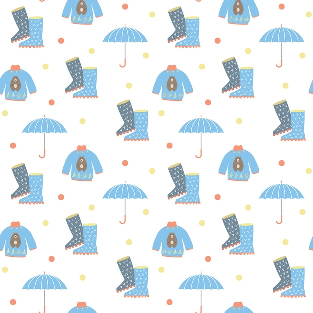 Naadloos herfstpatroon met blauwe rubberen laarzen trui en paraplu