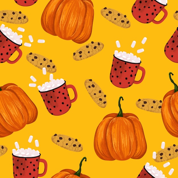 Naadloos herfstpatroon met pompoen, koekjes, mok cacao en marshmallow op oranje achtergrond