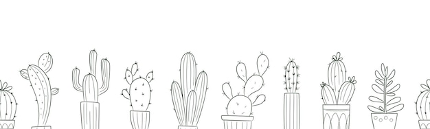Vector naadloos horizontaal patroon met cactus in potten vectorachtergrond
