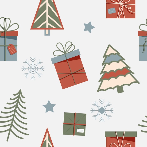 Naadloos kerstpatroon met bomen, cadeautjes, sterren en sneeuwvlokken. vector illustratie.