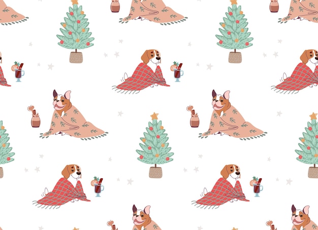 Naadloos kerstpatroon met honden en kerstbomen
