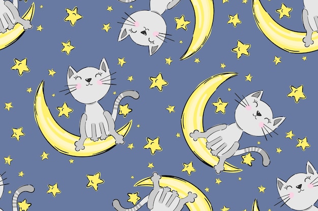 Naadloos kinderachtig patroon met grappige katten op maan en sterren Creatieve kinderen handgetekende textuur voor stof inwikkeling textiel behang kleding Vector illustratie