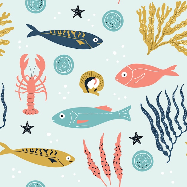 Naadloos kinderachtig patroon met schattige zeevissen, kreeft en zeewier.