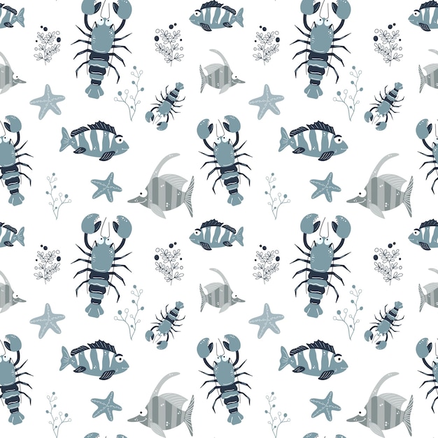 Naadloos kinderpatroon met grappige vissen en zeedieren Kindertextuur voor stof verpakking textiel behang kleding Vector background